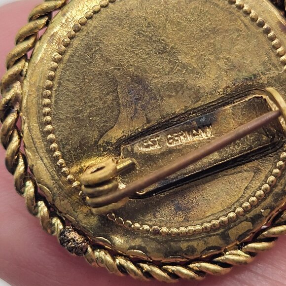 VTG West Germany Round Colorful Mosaic Painted Brooch Pin Tiny Gold Tone - Picture 4 of 7